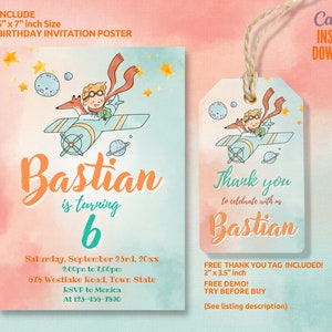 Little Prince Birthday Party Invitation, Thank You Tag, Printable Invite, Digital Download