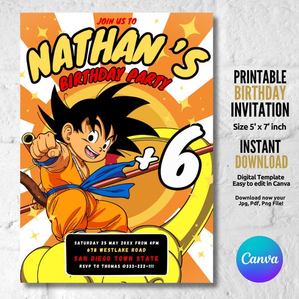 Invitation fête d'anniversaire Dragon Ball, Goku, Invitation fête d'enfants, téléchargement immédiat