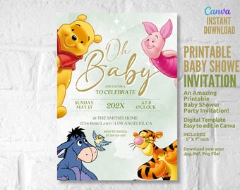 Baby Shower, Invitation à la baby shower, Modèle d’invitation à la fête Winnie l’ourson, Fête imprimable, Invitation modifiable