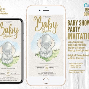 Baby Shower, Dumbo Party Invitation, Baby Shower Invitation Template, Mobile Party, Electronic Invite, Phone Invite