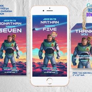 Birthday Party Invitation Buzz Lightyear, Mobile Birthday Invitation Template, Thank you Tag, Phone Invite