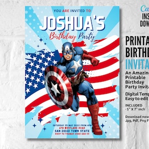Captain America Birthday Invitations, Super Hero Birthday invite, Printable Invitation, Instant Download, Digital Invite