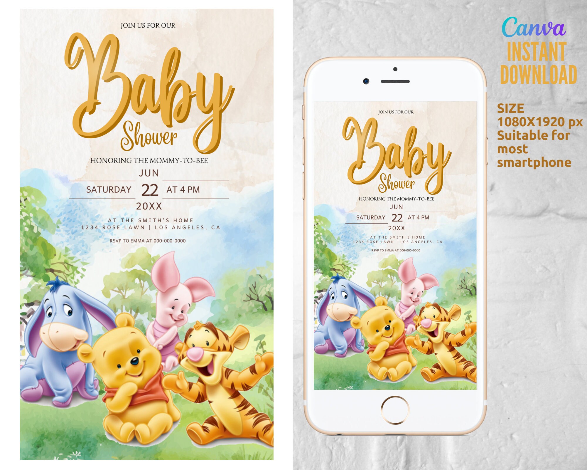 Baby Shower, Winnie the Pooh, Baby Party Invitation, Baby Shower Invitation Template, Mobile