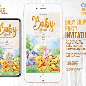 Baby Shower, Winnie the Pooh, Baby Party Invitation, Baby Shower Invitation Template, Mobile Party, Electronic Invite, Phone Invite