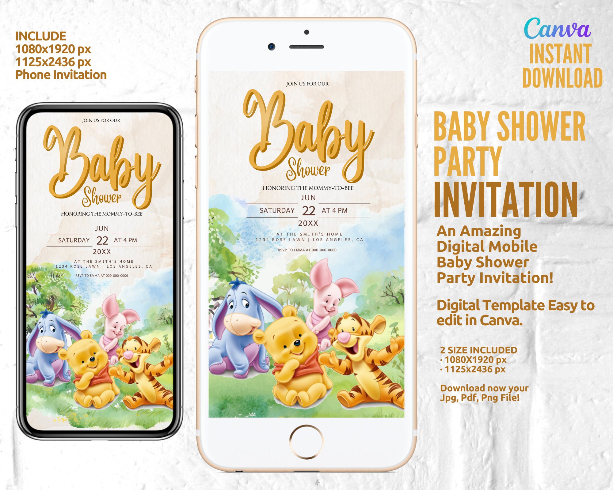 Baby Shower, Winnie the Pooh, Baby Party Invitation, Baby Shower Invitation Template, Mobile