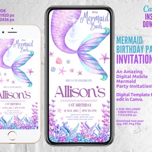 Birthday Party Phone Invitation, Editable Template, Mermaid Electronic Invitation, Little Mermaid Pink Purple Girl Invite, Instant Download