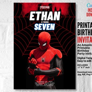 Modelo editável de convite de aniversário do Homem-Aranha, convite de festa de aniversário para impressão, convite digital para festa infantil, cartão de super-herói