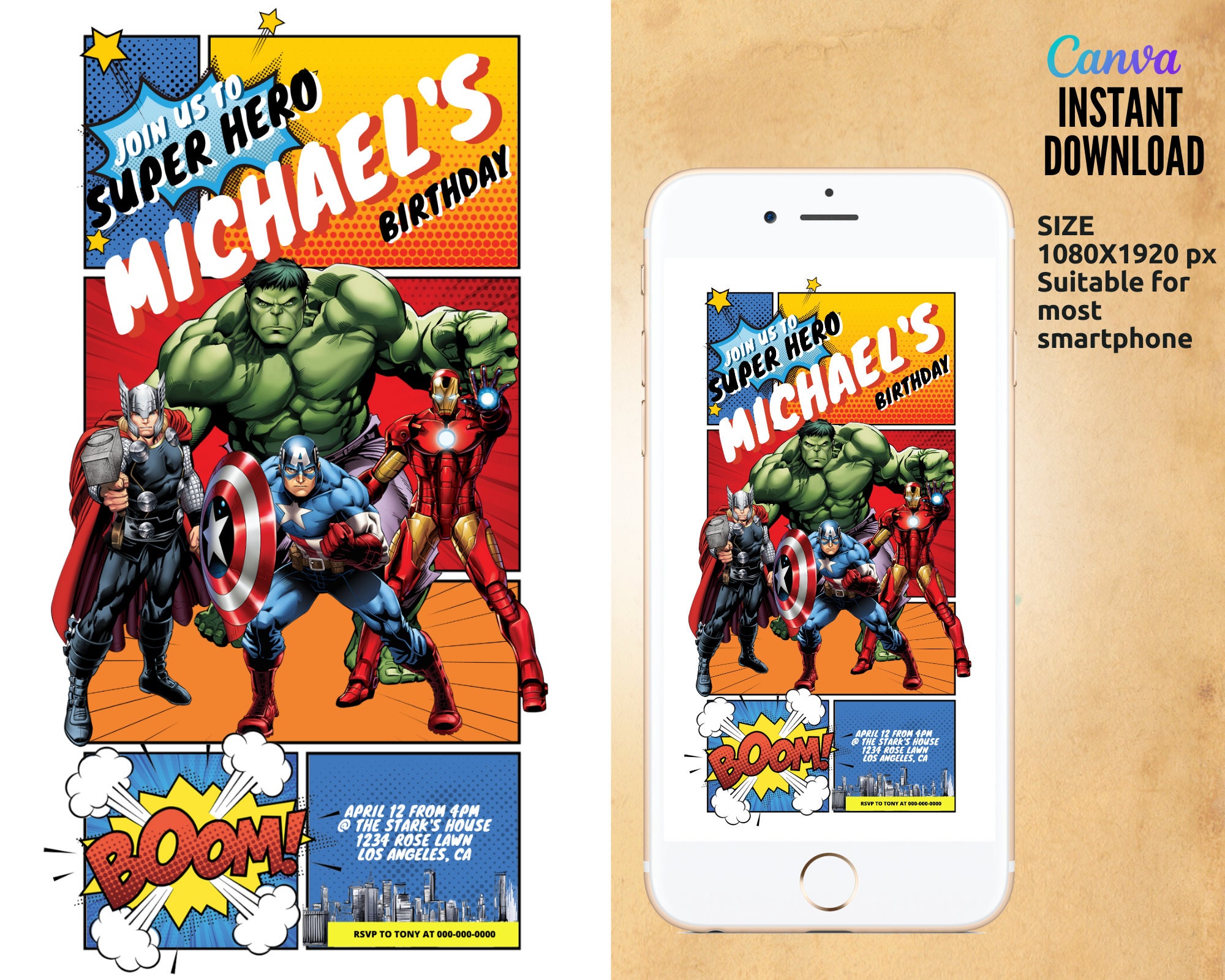 Avengers Birthday Invitation Template, Super Hero Phone Invitation, Instant Download, Digital