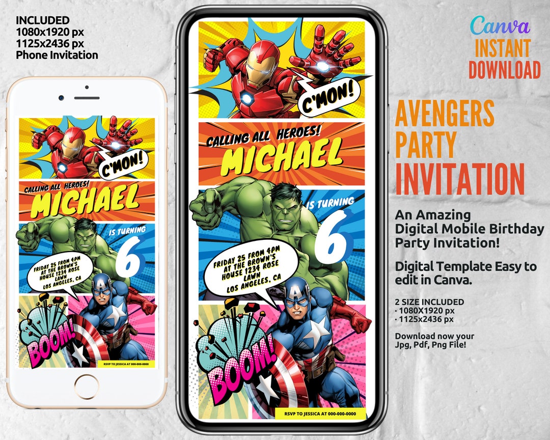 Avengers Party Invitation, Birthday Invitation Template, Avengers