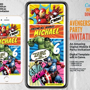 Avengers Party Invitation, Birthday Invitation Template, Avengers Birthday Invite, Mobile Party, Electronic Invite, Phone Invite