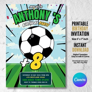 Soccer Birthday Party Invitation Template, Soccer Editable Template