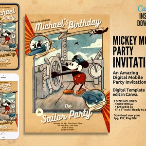 Invitation Template, Birthday Party Phone, Mickey Mouse Printable Party Invite, Instant Download