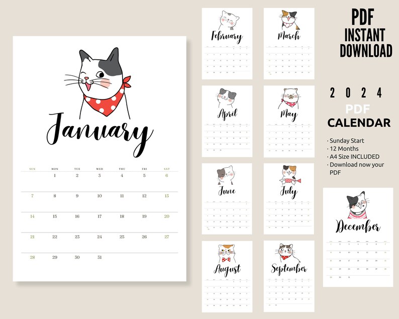 Calendario Mensual 2024 Gatos, Planificador Mensual 2024 Inicio del
