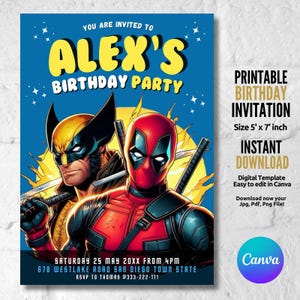 Deadpool end Wolverine Birthday Invitation, Editable Template, Printable Invitation, Instant Download