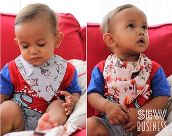 Patrón de costura PDF Bandana Bib - Tallas para bebés/bebés y niños pequeños - Diseño plano o con cuello vuelto/encorvado/drapeado - Descarga instantánea - Babero para regatear/baba