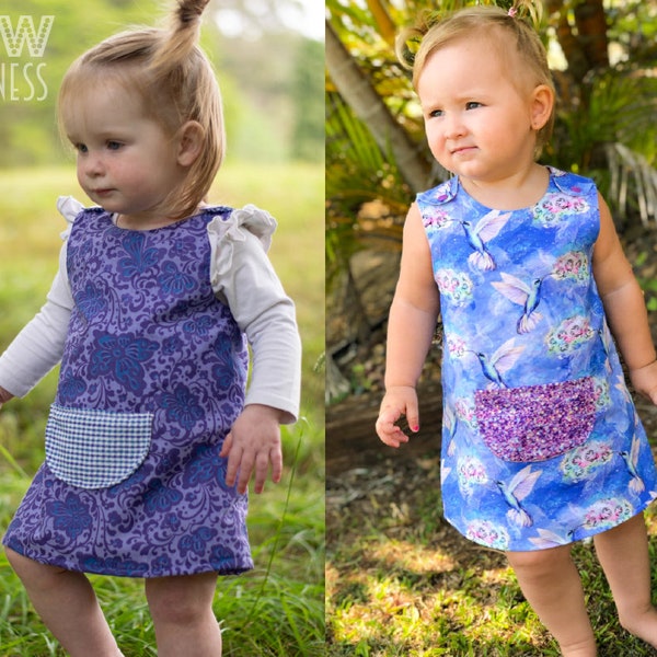 Baby/Infant/Girls A-Line Dress PDF Sewing Pattern - Size 0-3 Months to 3T - Joey Dress - Easy Beginner Simple - Snap Shoulder, Front Pocket