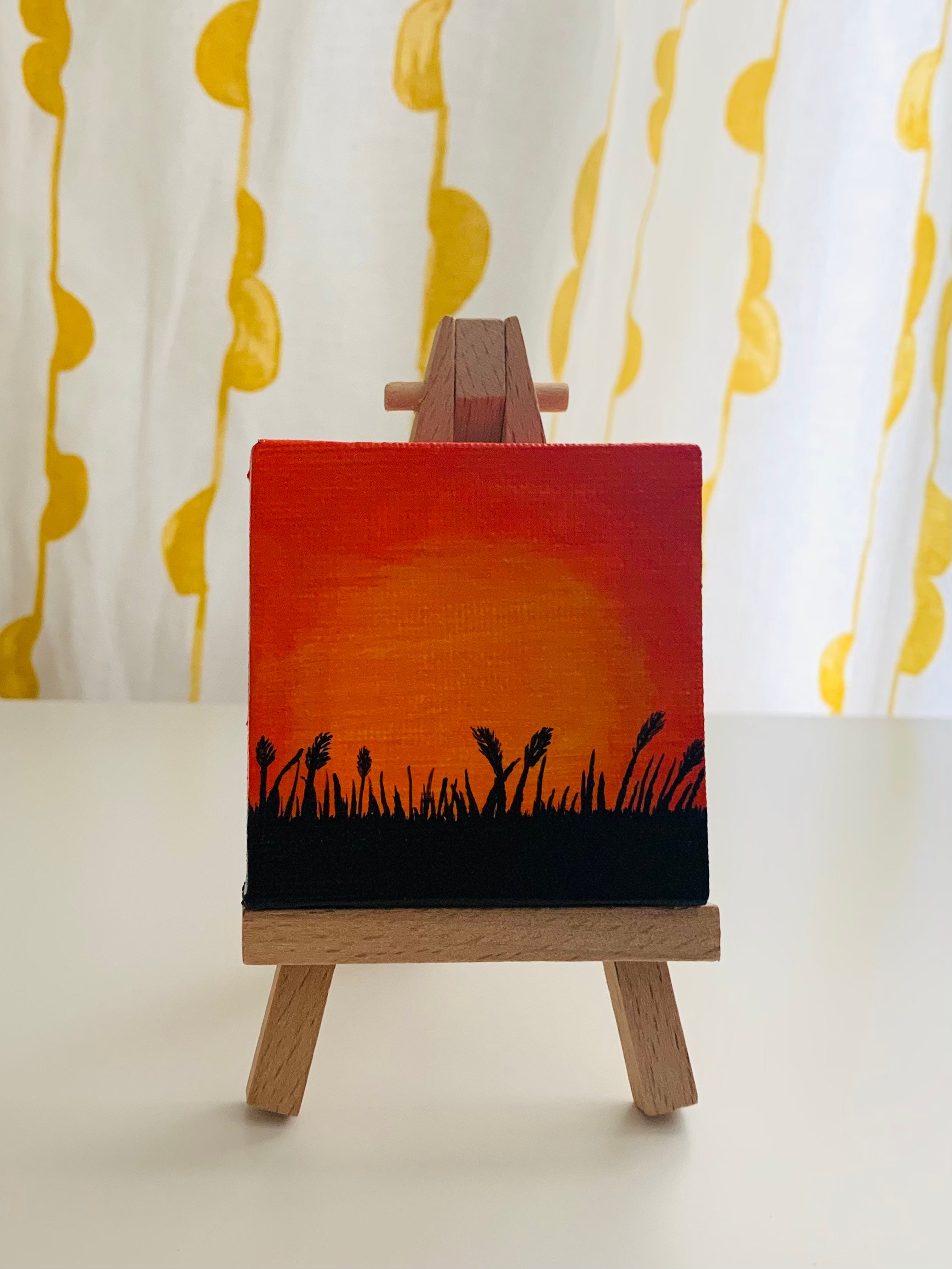 Mini sunset painting on wood! Hand-painted little wooden canvas, miniature  original artwork, small square art. Tiny beautiful shelf decor