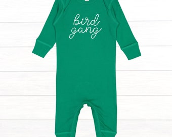 Bird Gang Faux Stitched Lettering Long Sleeve Bodysuit Coverall Philadelphia Eagles Green | Gender Neutral | Philly