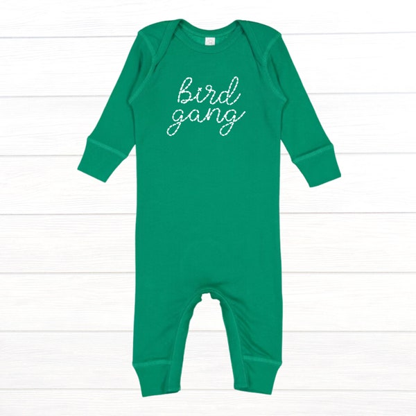 Bird Gang Faux Stitched Lettering Long Sleeve Bodysuit Coverall Philadelphia Eagles Green | Gender Neutral | Philly