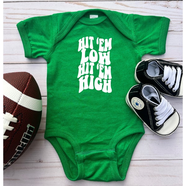 Kelly Green Hit em Low Hit em High | Philadelphia Eagles bodysuit | Toddler Tee | Baby Gift | Unisex | Gender Neutral | Philly Football