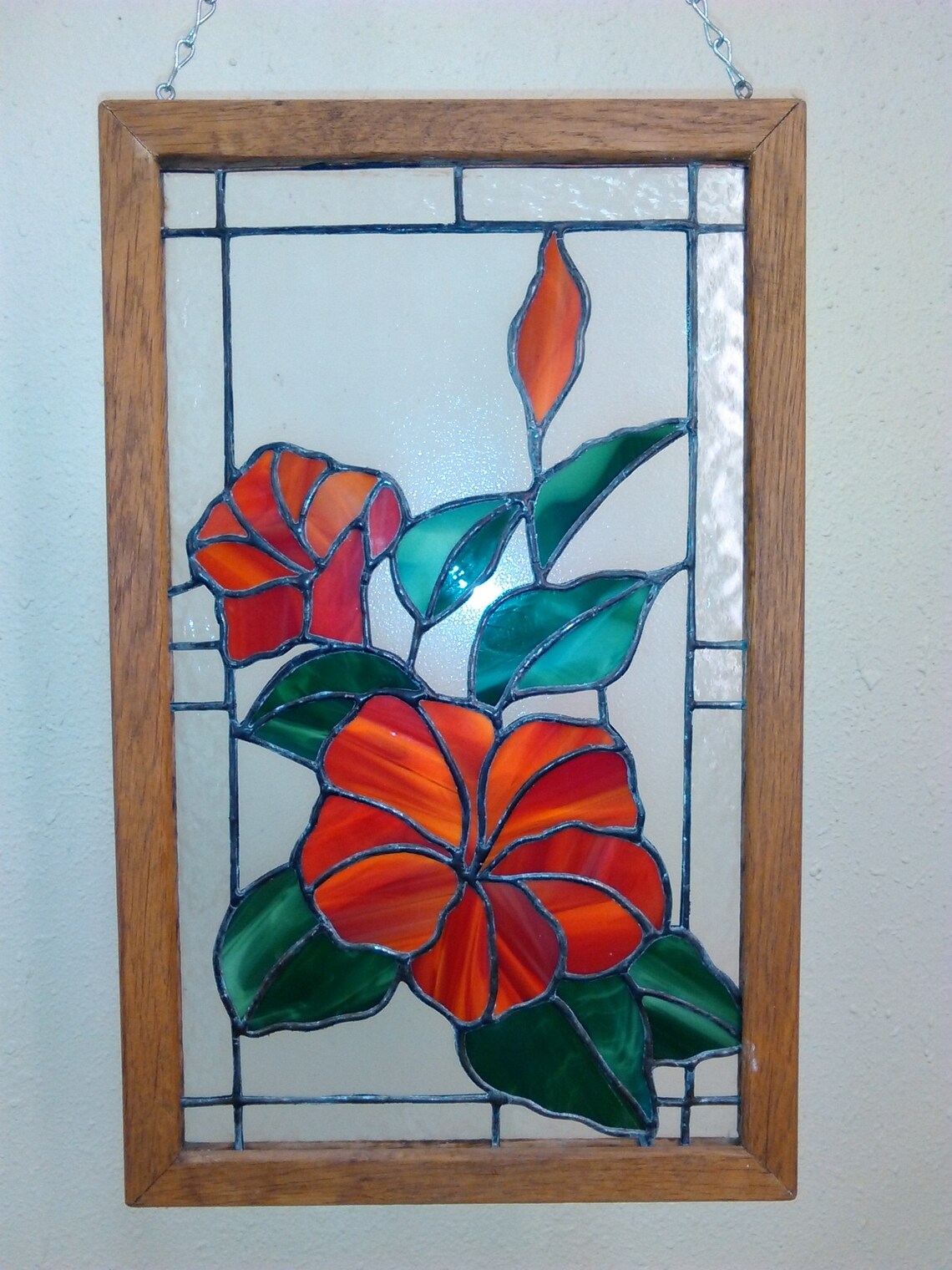 Stained Glass Red Flowers Panel Etsy