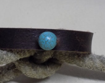 Dark Brown Leather Bangle Bracelet with Round Turquoise Bead