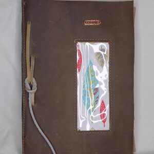 Brown Leather Covered Journal with Feather Fabric and Copper Courage Tag