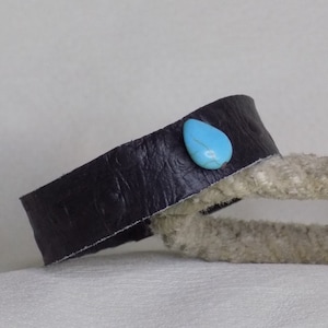 Black Ostrich Print Leather Bangle Bracelet with Turquoise Drop Bead