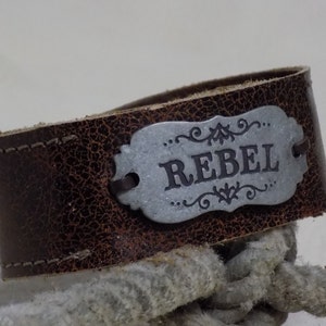 Just Your Size Brown Leather Cuff Bracelet with Rebel Metal Tag