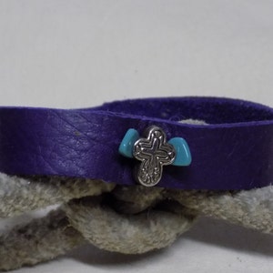 Purple Leather Bangle Bracelet with Silver Cross and Turquoise Beads