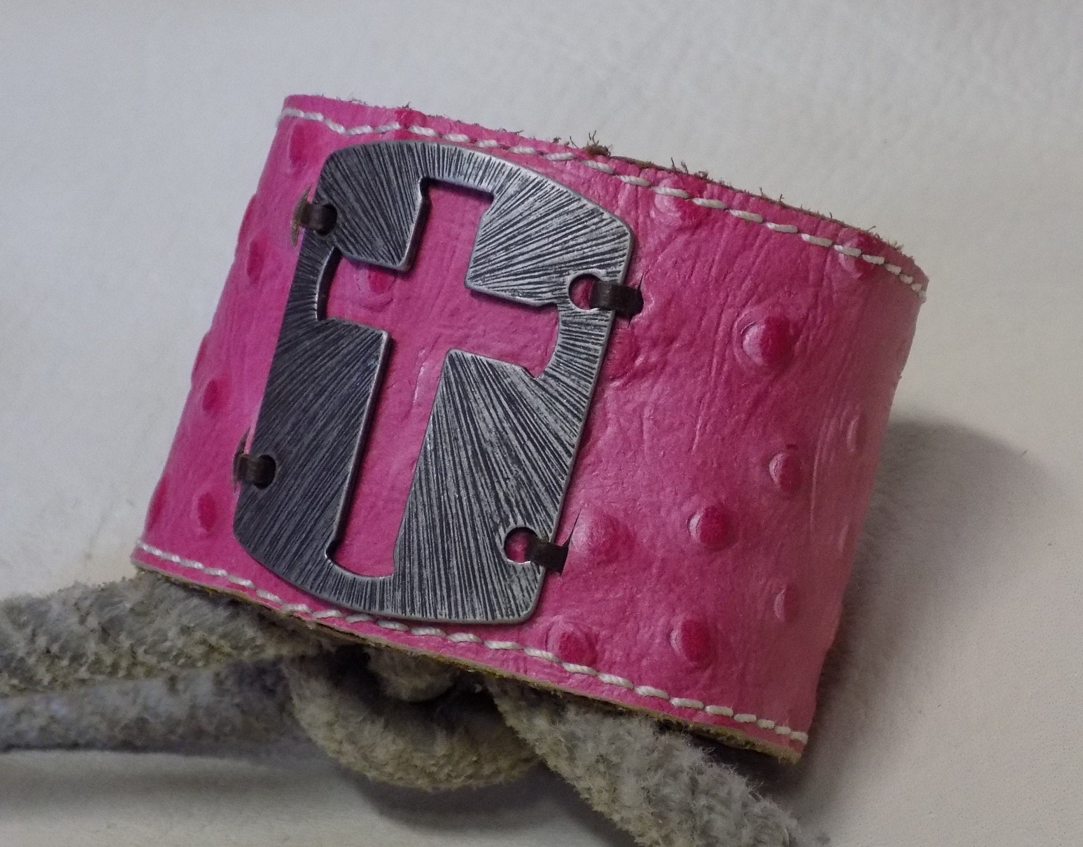 Rose Pink Ostrich Leather Cuff Bracelet Genuine Cowhide Embossed
