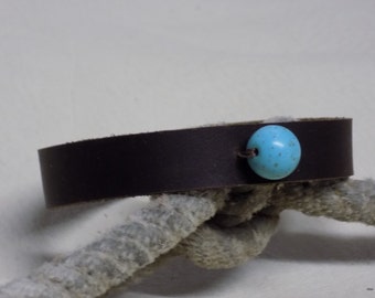 Brown Leather Bangle Bracelet with Round Turquoise Bead