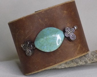 Brown Leather Wide Bracelet with Turquoise Stone and Cross Beads