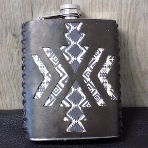 Black Leather Covered Flask with Cut Out Black and White Aztec Pattern