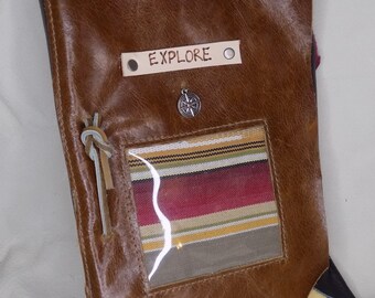 Brown Leather Covered Journal with Southwest Stripe Fabric and Explore Tag