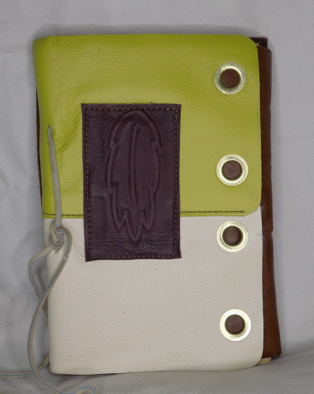 Green and White Leather Covered Journal With Feather Design Etsy