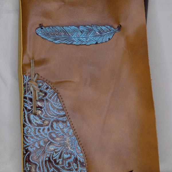 Tan Leather Covered Journal with Large Turquoise Metal Feather Charm