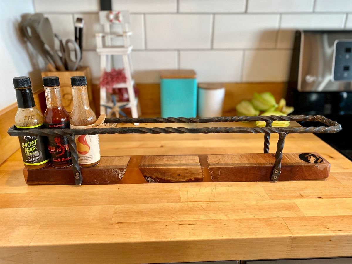 Custom Hot Sauce or Bottle Display With Blacksmithed Railing
