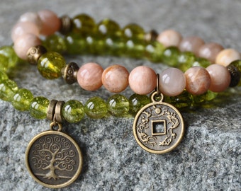 Abundance,Money Bracelet,Sunstone, Peridot,Lucky Mala Gemstone Bracelet,Chakra Bracelet,Healing Meditation,Buddha Yoga Mala
