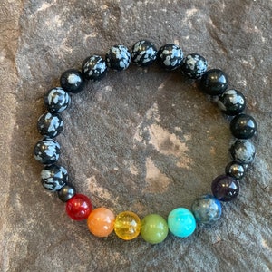 Obsidian 7 Chakra Protection Energy Bracelet, Positive Vibes, Balance, Energy Healing, Grounding Gemstone Meditation Bracelet, Mineral Mala