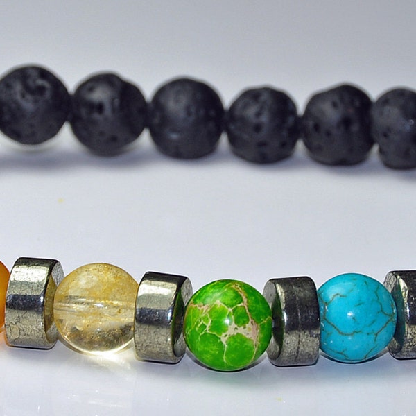 Rock Lava 7 Chakra Men Bracelet,Pyrite Mens Mala Bracelet,Balance Energy Bracelet,Boho Zen Bracelet,Buddha Yoga OM Bracelet,Japa Meditation