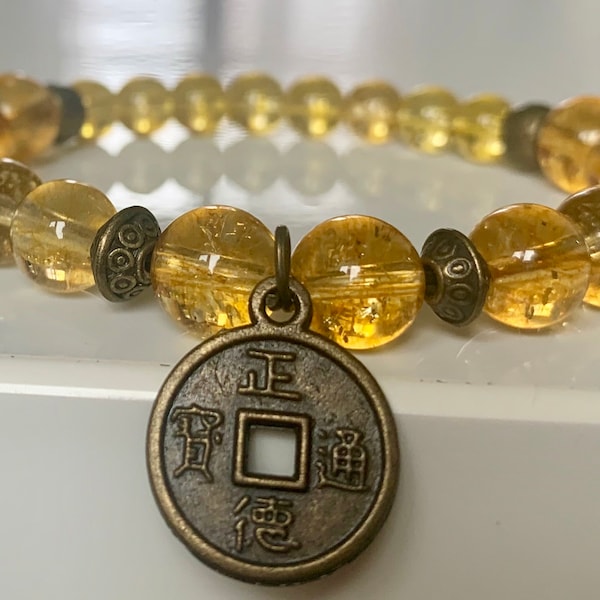 Citrine Quartz Bracelet, Wealth and Prosperity Bracelet, Feng Shui Lucky Coin Bracelet, Gemstone Money Bracelet, Sacral Chakra Bracelet