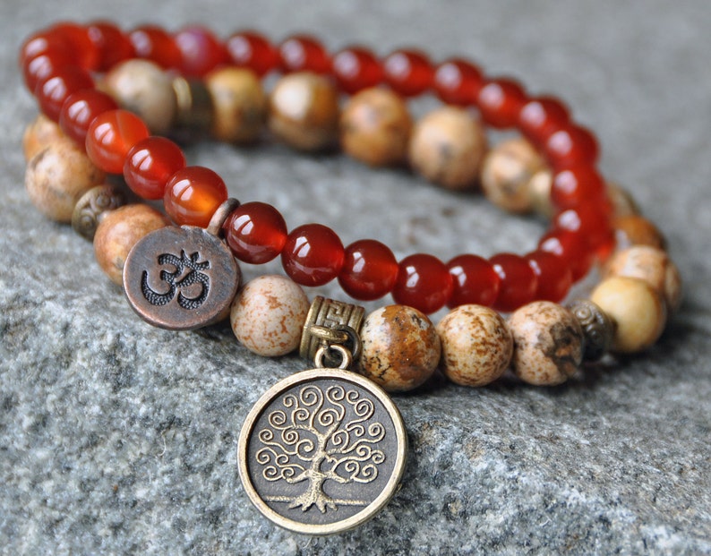 Confidence and Stability Carnelian Bracelet,Picture Jasper Mala Wrap,Yoga OM Bracelet,Tree of Life Stackable bracelet,Mantra Reiki healing