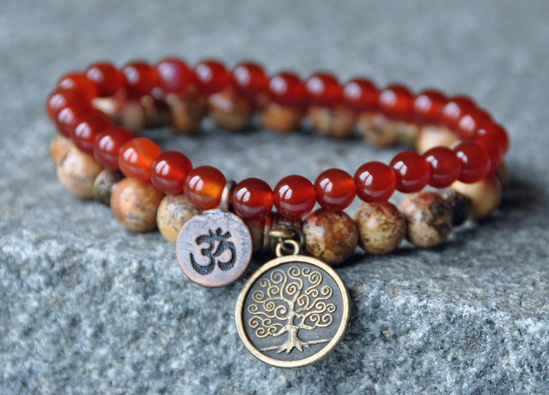 Confidence and Stability Carnelian Bracelet,Picture Jasper Mala Wrap,Yoga OM Bracelet,Tree of Life Stackable bracelet,Mantra Reiki healing