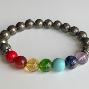 Pyrite 7 Chakra Gemstone Bracelet, Balance, Healing, Financial Opportunities, Succces Magnet, Wealth, Prosperity, Meditation, Yoga