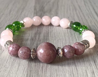 Liefdesedelsteenarmband: rozenkwarts, peridot, toermalijn mala