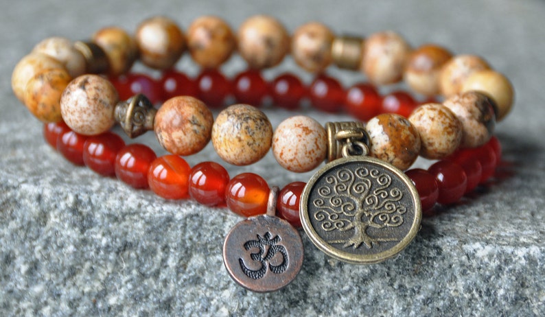 Confidence and Stability Carnelian Bracelet,Picture Jasper Mala Wrap,Yoga OM Bracelet,Tree of Life Stackable bracelet,Mantra Reiki healing