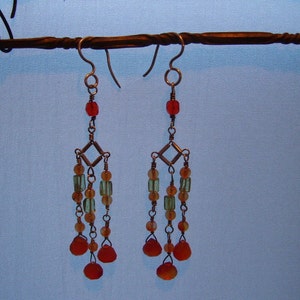 Orange Carnelian,Handmade Sterling Chandelier Earrings, Peridot and Carnealian  Beads W/Carnelian Teardrops