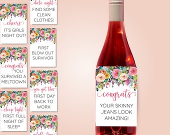 New Mom Printable Wine Labels | Mommy Milestone Wine Labels | Floral Wine Bottle Labels | New Mom Wine Stickers | Mom Full Size Wine Label