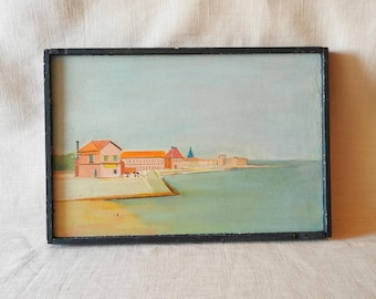 Bild Ölbild Öl auf Holz St.Tropez Küstenlandschaft naive Malerei 30er 40er Südfrankreich Côte d’Azur